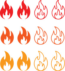 Flame Icons Set Red, Orange, Yellow Fire Symbols Isolated on White Background