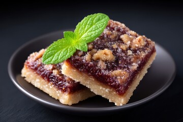 Delightful dessert bars topped with crushed walnuts and mint garnish showcasing a rich berry jam filling complemented by a smooth shortbread crust on an elegant dark plate