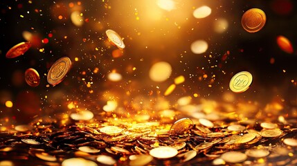 Golden coins raining down on a pile of coins.