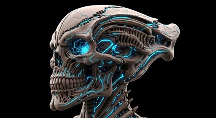 Alien skull with glowing veins in dark backdrop