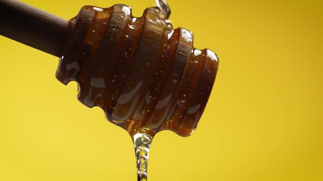 Honey dripping off honey dripper on yellow background