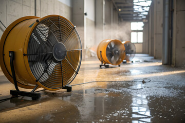 Industrial Fans Drying A Flooded Commercial Space