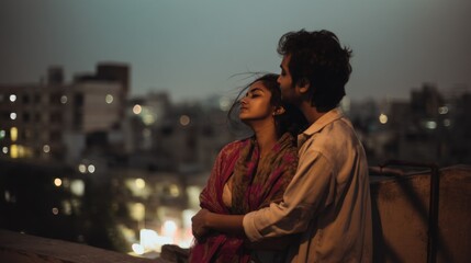 Indian couple hugging tightly on open rooftop at dusk
