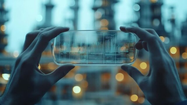 Smart Phone Augmented Reality Oil Refinery: A person uses a smartphone to view an augmented reality overlay of an oil refinery at night. The refinery is in the background, slightly out of focus.