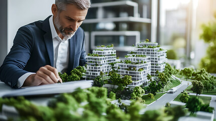 Architect reviewing a detailed model of a modern residential complex