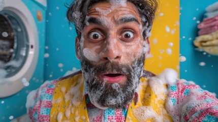 Indian guy in vest holding colorful clothes with soap foam all over face, washing machine overflowing in background, shocked comic expression