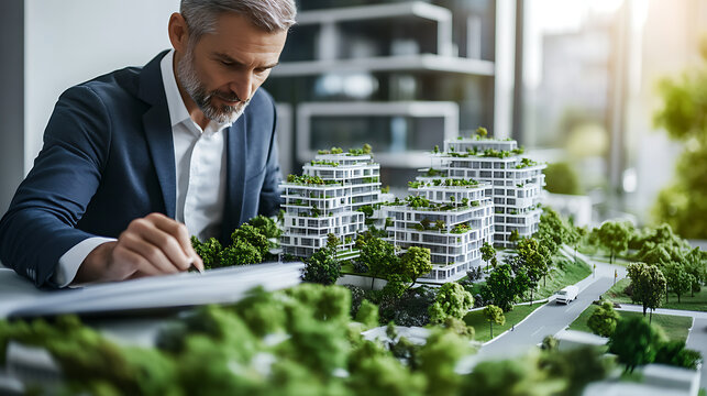 Architect reviewing a detailed model of a modern residential complex