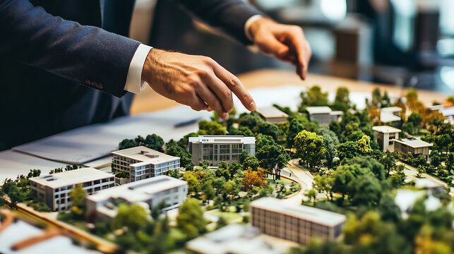 Businessmen discussing a detailed architectural model of a modern urban development