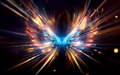 A pair of glowing wings with blue, orange, and purple feathers are against a black background.