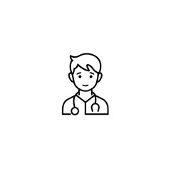 Friendly healthcare professional smiling in simple line art, patient engagement