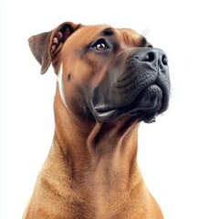 Obraz premium Close-up of a majestic brown dog with a focused expression showing attentive alertness against a white background perfect for pet care, animal love, and companionship themes