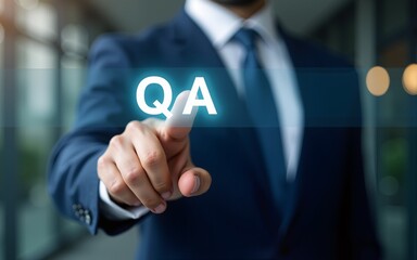 Businessman hand clicking Q&A or Question and Answer button FAQ( frequency asked questions) Q and A - Answer, Question Ask, Information, Communication Concepts on digital platform. High quality
