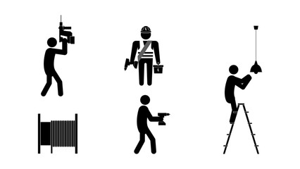 Set of stick figures, construction and repair, flat vector illustration.