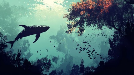Obraz premium 81.A serene vector illustration of an underwater ecosystem, where soft seaweed and coral sway with the current, accompanied by fish shoals and the graceful silhouettes of large marine life like