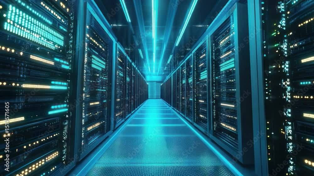 Poster data center corridor: rows of powerful servers glow with vibrant blue light in a modern data center,