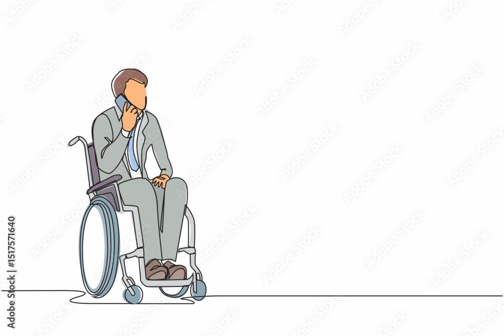 Aufkleber continuous one line drawing disabled guy in wheelchair having phone conversation while working from 