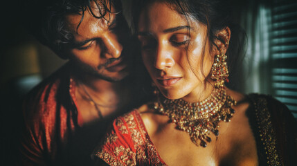 Indian woman wearing luxury necklace and earrings, man standing behind holding her shoulders