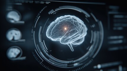 Obraz premium Human brain on abstract blue tech background with data lines, representing AI and futuristic innovation in science and digital art.