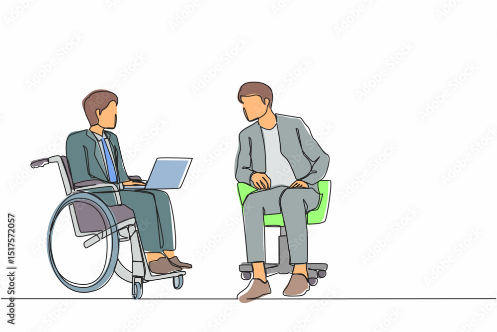 Poster single one line drawing employee with disabilities and inclusion work together in office. disabled p