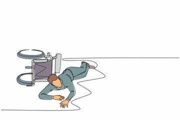 Single continuous line drawing businessman fell off wheelchair sitting on floor. Disabled man patient accident falling down and crawling for help in hospital room. One line draw graphic design vector