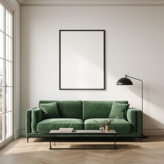 Green velvet couch, blank art, modern living room