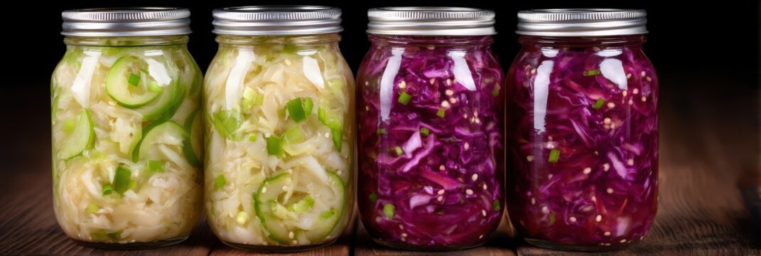 Colorful jars of fermented vegetables with vibrant green cabbage and purple napa cabbage displayed in a rustic setting showcasing culinary preservation and healthy eating aesthetics