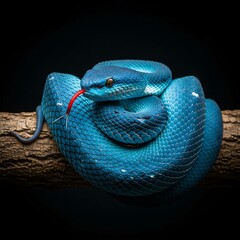 Obraz premium Close-up of a Vibrant Blue Viper with Extended Red Tongue Coiled on a Textured Branch Against a Dark Background