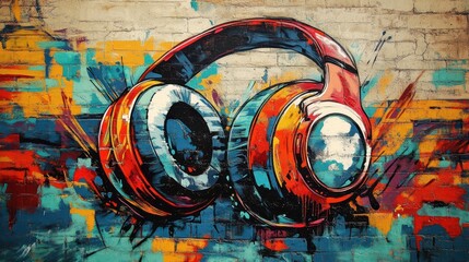 Vibrant graffiti of headphones on brick wall