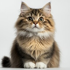 Close-up of a fluffy long-haired tabby cat with striking green eyes sitting against a plain white background, showcasing detailed fur and attentive expression