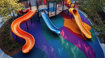 Vibrant playground with colorful slides in a lively outdoor park setting