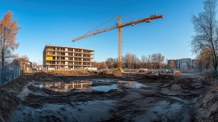 Urban construction site with crane and building progress under blue sky