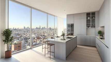 Modern, spacious kitchen with city views.