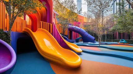 Vibrant modern playground with colorful slides and play structures in urban park