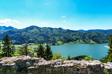 ruins of hohenwaldeck knights castle, view to lake schliersee, place of history, upper bavaria in Germany