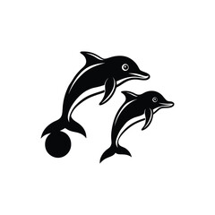 Obraz premium Flat and Minimal Dolphins with ball icon vector illustration on white 