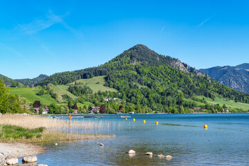Hiking trail around Lake Schliersee in the bavarian alps at Schliersee, Upper Bavaria, Germany in Europe