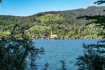 Hiking trail around Lake Schliersee in the bavarian alps at Schliersee, Upper Bavaria, Germany in Europe