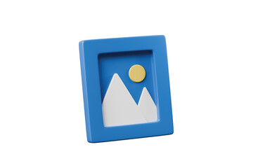 3d Photo image frame icon isolated on white background. Minimal cartoon landscape and sun in picture frame. Gallery sign. Social media post. Photography concept. File type JPEG, PNG, JPG. 3d render.