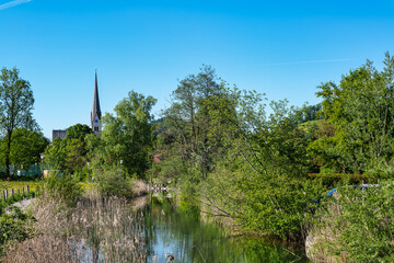 Hiking trail around Lake Schliersee in the bavarian alps at Schliersee, Upper Bavaria, Germany in Europe
