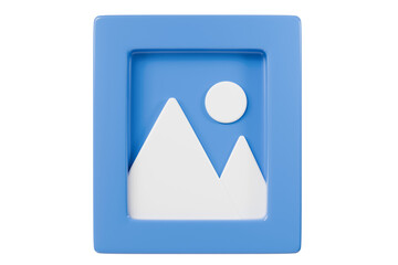 3d Photo image frame icon isolated on white background. Minimal cartoon landscape and sun in picture frame. Gallery sign. Social media post. Photography concept. File type JPEG, PNG, JPG. 3d render.