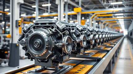 Car engine production on the factory conveyor line