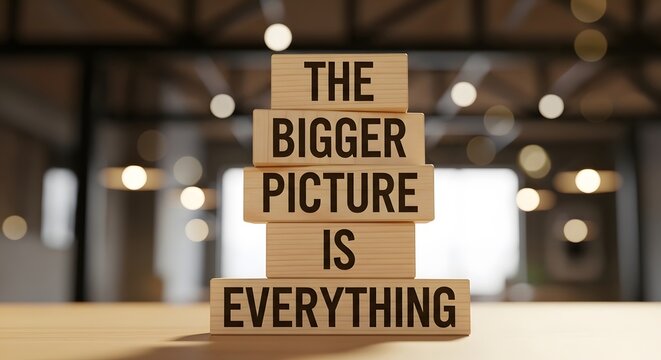 Wooden blocks spelling out 'The Bigger Picture Is Everything', symbolizing vision and motivation

