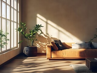 Modern living room interior with comfortable sofa, chair, and table, featuring stylish furniture, a plant, and a fireplace in a contemporary home design