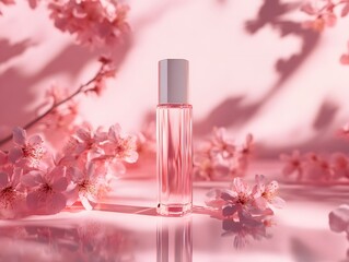 Vibrant pink nail polish bottles complement a delicate rose, symbolizing beauty and glamorous cosmetic care