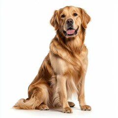 Obraz premium Adorable golden retriever dog sitting with a friendly expression on a white background, showcasing a happy and loyal pet ready for companionship and outdoor activities