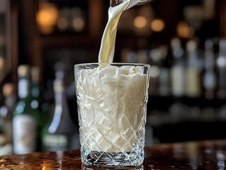 Fresh, cold milk and ice-filled cola being poured into glasses on a bar table, perfect for a refreshing drink or sweet cocktail