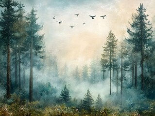 Misty forest morning landscape with trees and a serene lake reflecting the sky