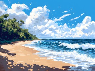 Tropical white sand beach with a clear blue sky and turquoise ocean waves