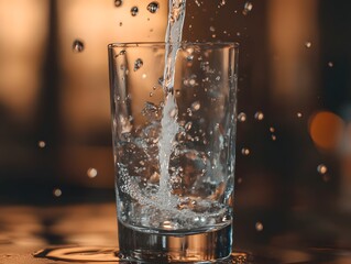 Refreshingly clear water pours into a glass with a cool splash
