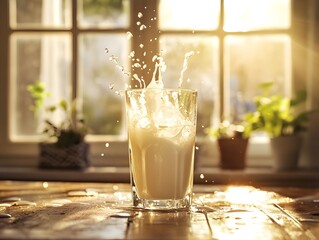 Fresh milk pours into a glass, a cold, healthy, sweet beverage perfect for a refreshing drink or dessert smoothie